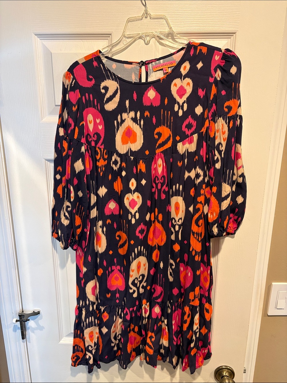 Vilagallo Navy Ikat Midi Dress with Pink & Orange Accents